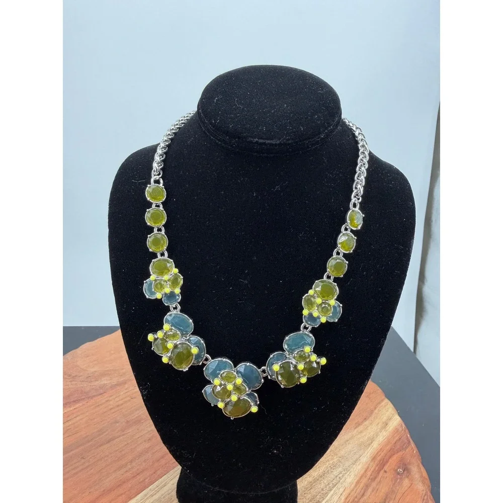 Talbots Statement Necklace Women OS Green Blue Silver Tone Bib Chunky Faceted